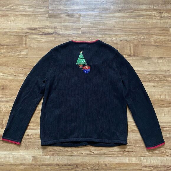 VTG Tiara Int'l M Black Ugly Christmas Sweater Zipper Cardigan Santa Embroidered - Picture 15 of 16